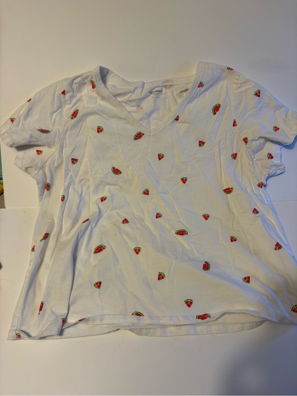 Old Navy White V-Neck Tee with Watermelon Print - Womens XL